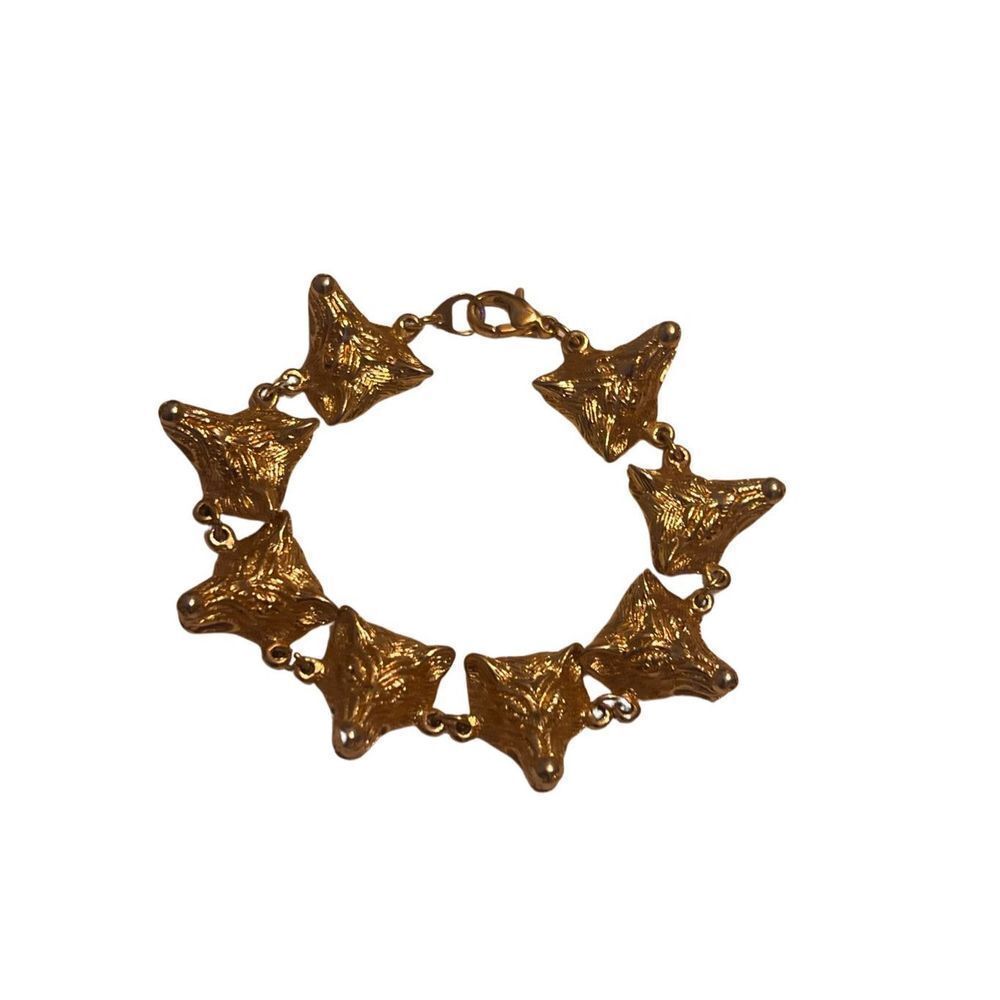 Vintage Textured Gold Tone Multi Link Fox Head Figural Statement Bracelet
